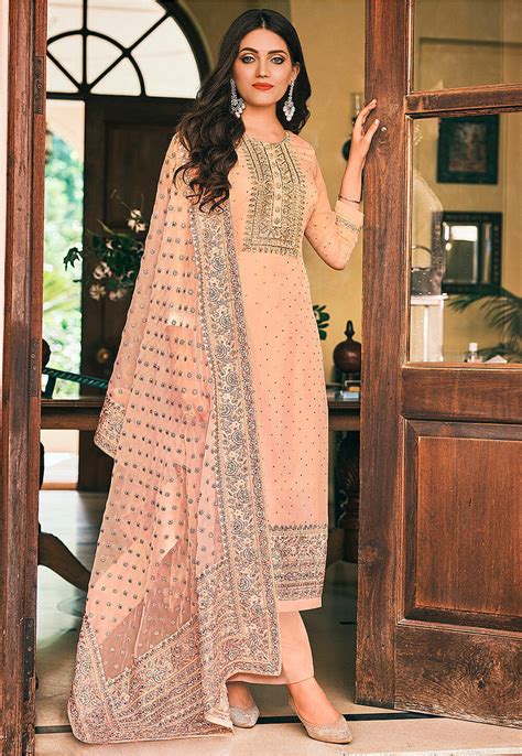 Buy Embroidered Organza Pakistani Suit In Peach Online Kch8606