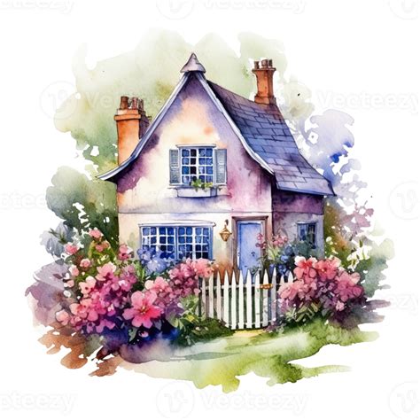 Watercolor Cozy Cottage Surrounded By Flowers Garden Isolated