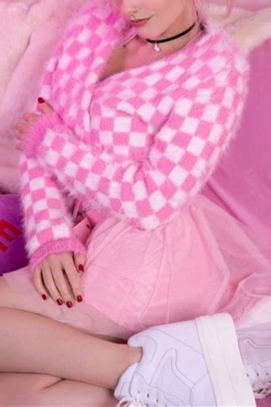 Winter Fashionable Pink And White Checkerboard Long Sleeve Mink Cashmere Cropped Cardigan Coat