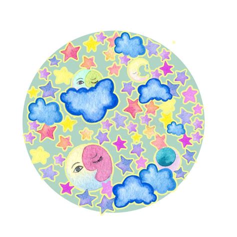 Watercolor Stars Moon And Month Cartoon Style Circle Pattern