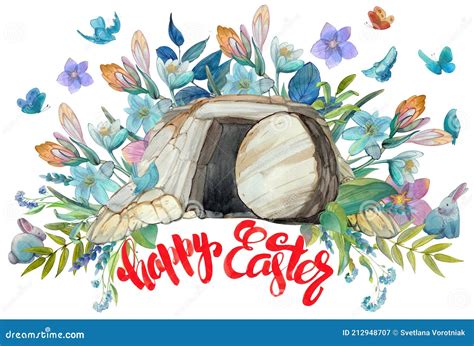 Easter Watercolor Card Cave Of Jesus Christ Floral Wreath With