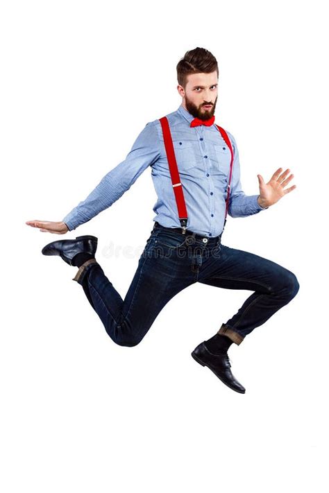 Stylish Guy In The Blue Shirt With Red Bowtie And Suspenders Iso Stock