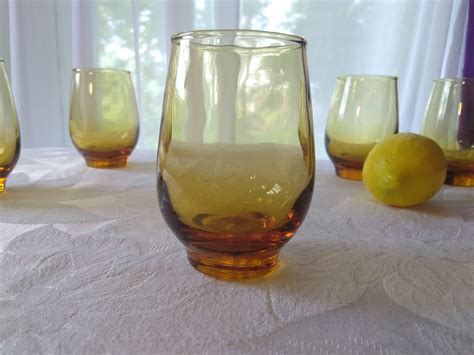 Set Of 5 Vintage Amber Libbey Tempo Mod Retro Juice Glasses Yellow Mod Kitchen Decor
