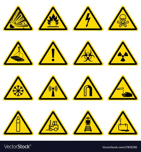Warning And Hazard Symbols On Yellow Triangles Vector Image