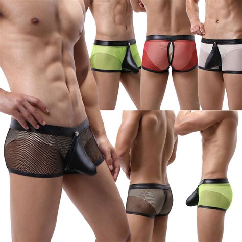 Men Sexy Front Open Backless Underwear Underpants Boxer Mesh Shorts