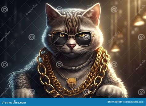 Cat Gangsta Rapper In Sunglasses And Gold Chains Thug Life Concept