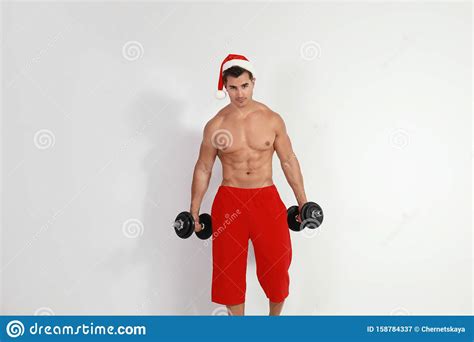 Shirtless Santa Claus With Dumbbells On Background Stock Image Image