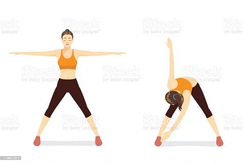 Woman Doing Exercise With Cross Body Toe Touches In 2 Step Stock