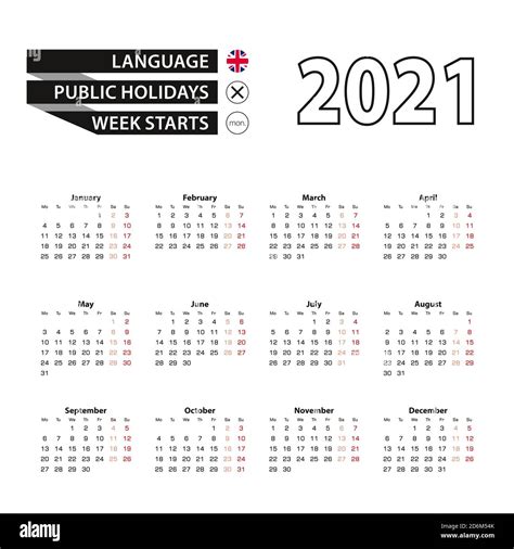 Calendario 2021 En Inglés La Semana Comienza El Lunes Calendario Vectorial 2021 Años Imagen