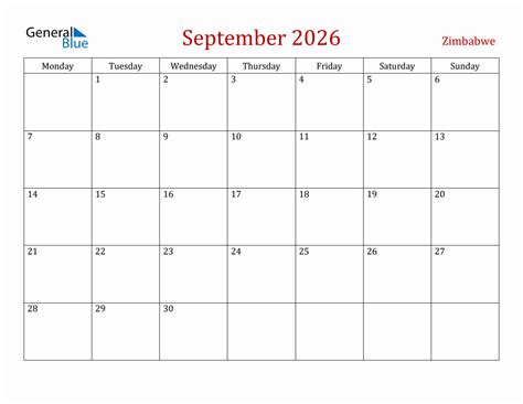 September 2026 Zimbabwe Monthly Calendar With Holidays