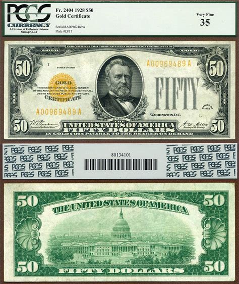 It then became increasingly common for the certificates to be handled in lieu of cash and without the hassle of physically moving. 1928 $50 Gold Certificate PCGS Graded VF35 FR-2404 Lyn ...