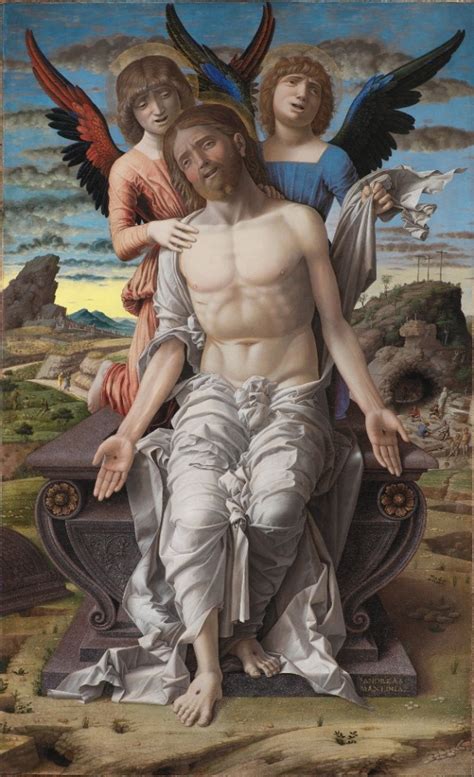 Jezus i dwa anioły malarstwo Andrea Mantegna