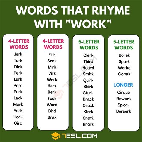 135 Cool Examples Of Words That Rhyme With Work • 7esl