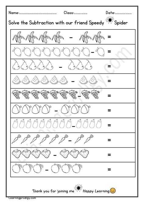 Free Printable Fruits And Vegetables Subtraction Worksheets With