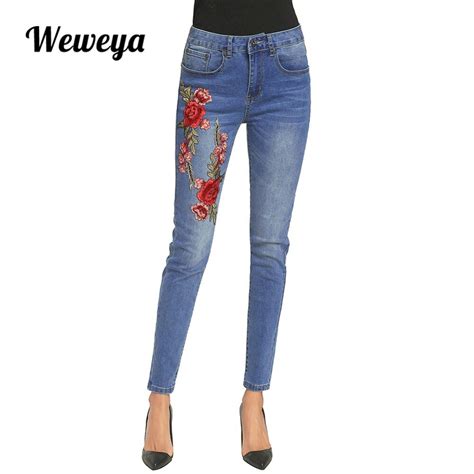 Weweya Embroidery Jeans Women High Waist Skinny Jeans Stretch Vintage