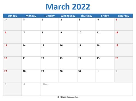 Download 2022 Printable Calendar March Pdf Version