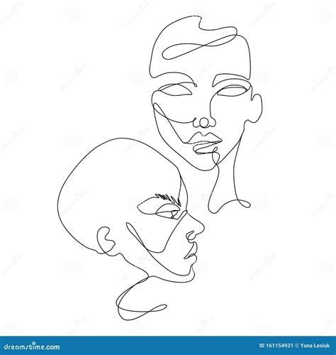 Continuous Line Vector Drawing Set Of Faces Silhouettes Abstract Portrait Stock Vector