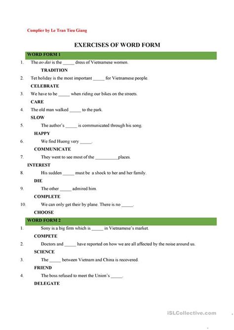 There are 3 types of exercise: exercises of word form - English ESL Worksheets for ...
