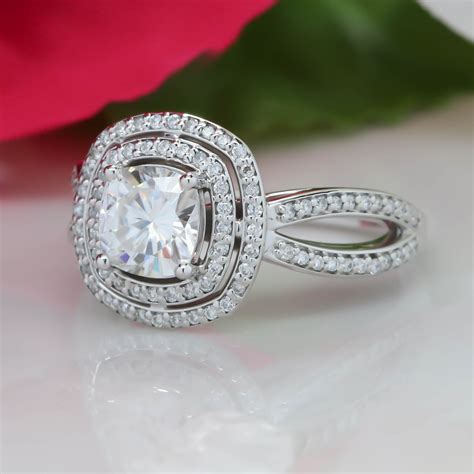 Cushion Cut Engagement Ring Double Halo Diamond Setting Moissanite Cen