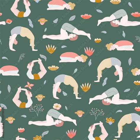 Yoga Seamless Pattern With Cartoon Girl And Boy Doing Yoga Position Pose Of Onion Or