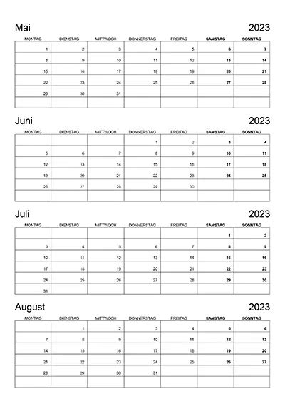 Kalender Mai Juni Juli August 2023 Kalendersu