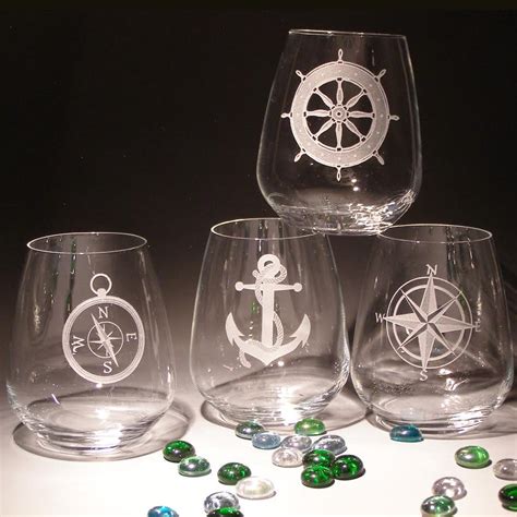 Nautical Stemless Wine Glass Set Of Two Nautical Etched Crystal Evergreen Crystal