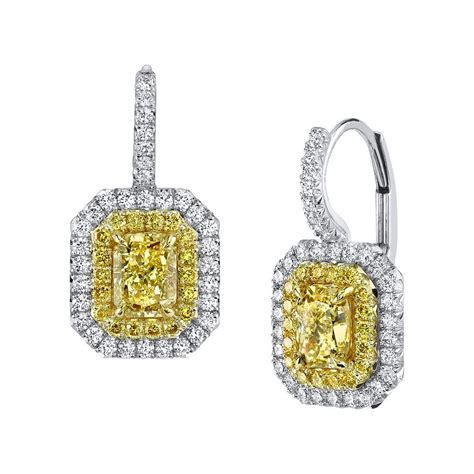 141ctw Radiant Natural Fancy Yellow Double Halo Yellow Diamond Earrings Nicole Mera
