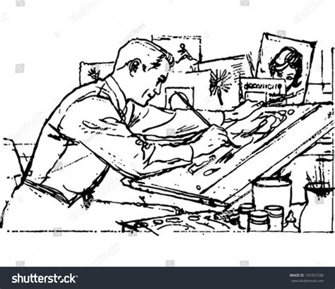 Illustrator At Work Retro Clip Art Illustration