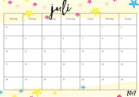 Juli Kalender 2017 Juli Dinsdag Zaterdag