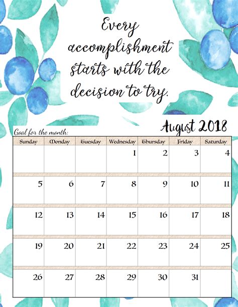 Free Printable 2018 Monthly Motivational Calendars Space For Setting