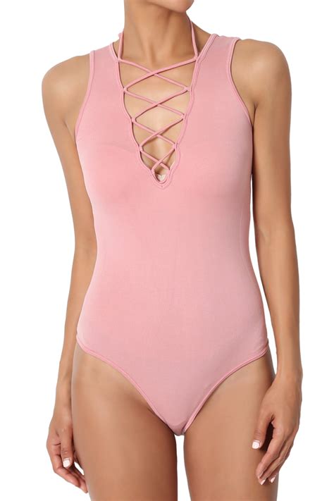 Themogan Womens Caged Strappy Plunge V Neck Seamless Stretch Thong Bodysuit Top