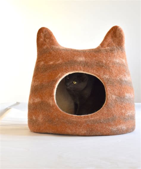 Cat Bed With Ears From Natural Wool Felted Wool Cat Cave Etsy Cat