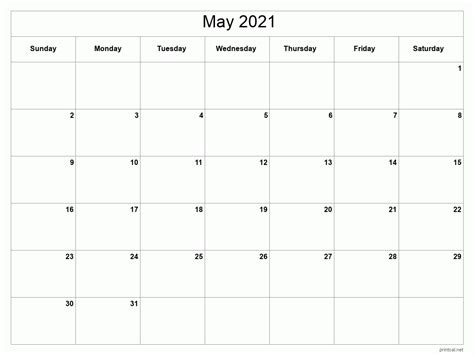 Printable May 2021 Calendar Classic Blank Sheet