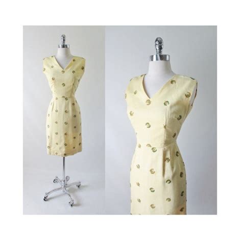 Vintage 50s Yellow Linen Embroidered Sheath Dress Gem