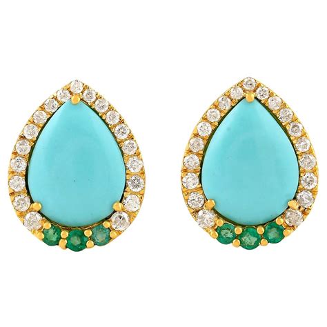 Turquoise Diamond 18 Karat Gold Stud Earrings For Sale At 1stDibs
