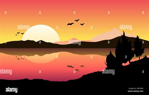 Beautiful Sunset Landscape Illustration Of The Mountains And Hills With