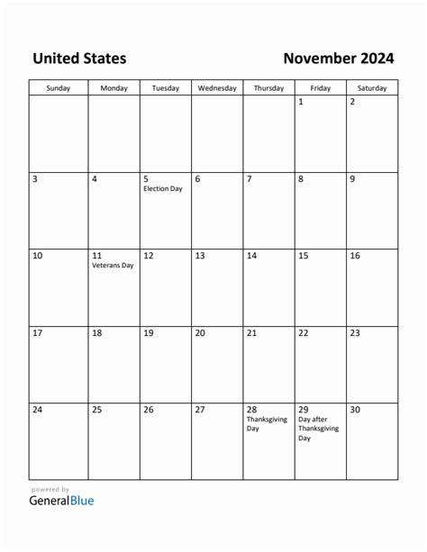 November 2024 Monthly Calendar With United States Holidays