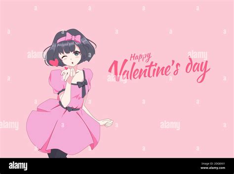Anime Manga Girl Blows A Kiss In A Dynamic Pose Valentines Day Card Vector Illustration Stock