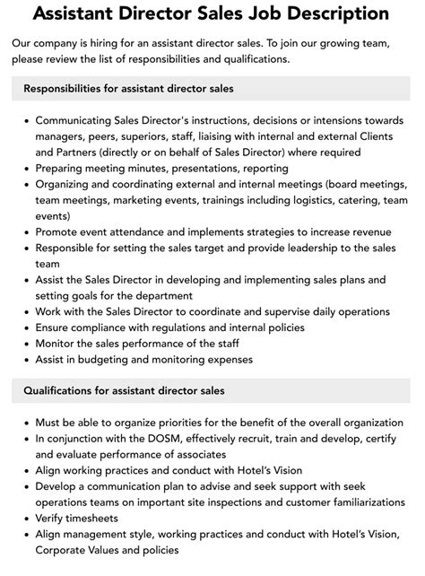 Assistant Director Sales Job Description Velvet Jobs