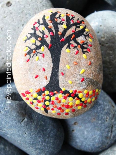 Fall Rock Painting Tutorial Autumn Tree With Falling Leaves Rock