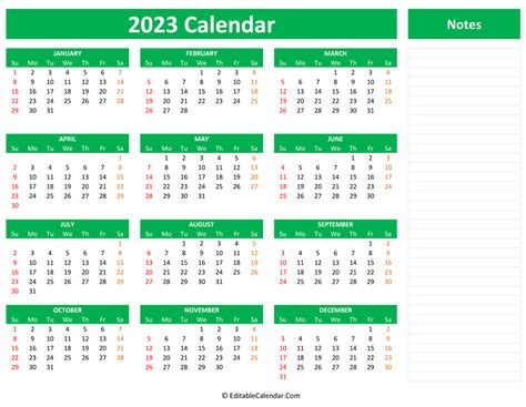 2023 Yearly Calendar With Notes