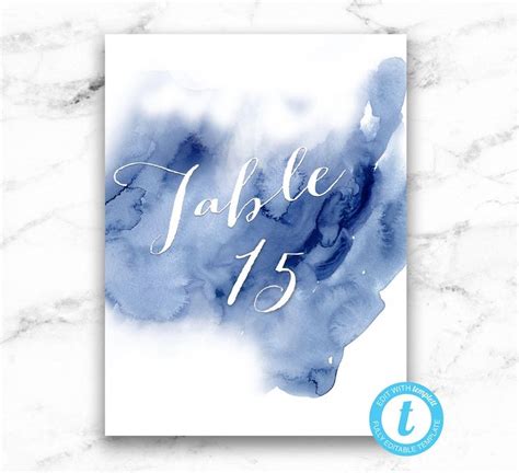 Wedding Table Numbers Sign Blue Watercolor Editable Etsy Wedding