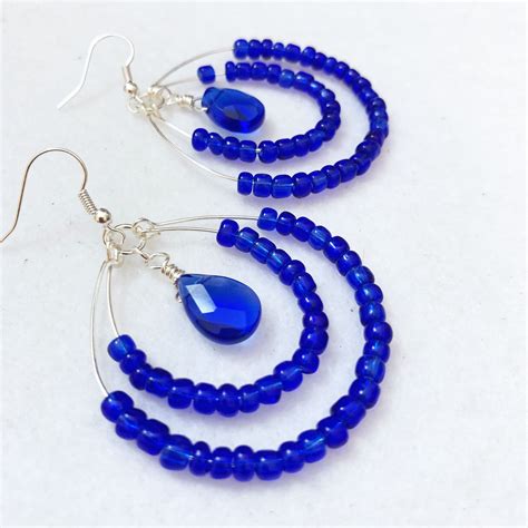 Cobalt Blue Glass Beaded Double Hoop Earrings With Traditional Ear