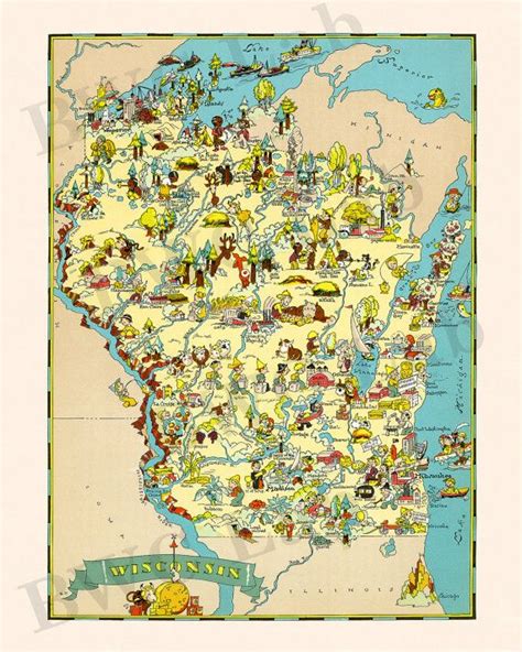 Fun State Map Of Wisconsin Vintage Pictorial Whimsical Cartoon Print