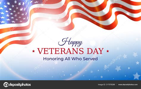Happy Veterans Day Banner Waving American Flag On Blue Sky Background