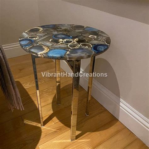 Natural Blue Agate Coffee Table Top Round Table Agate Side Etsy