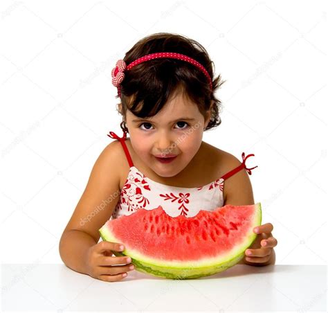 Little Girl Eating Watermelon — Stock Photo © Marcogovel 32192141