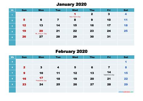 January And February 2020 Calendar With Holidays