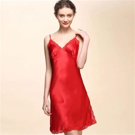 2018 Womens Sexy Spaghrtti Strap Lace Real Silk Red Nightgowns Solid Long Night Skirts 100 Silk