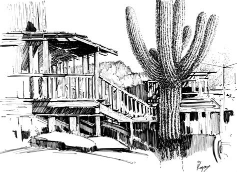 Saguaro At Ghost Town By Igal Kogan 2020 Work On Paper Ink On Paper Singulart